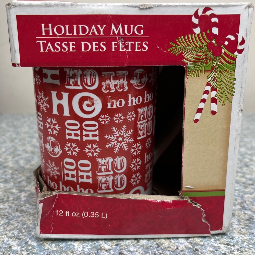Greenbrier Holiday Mug Ho Ho Ho Red White 12oz Ceramic Christmas Coffee Cup Box